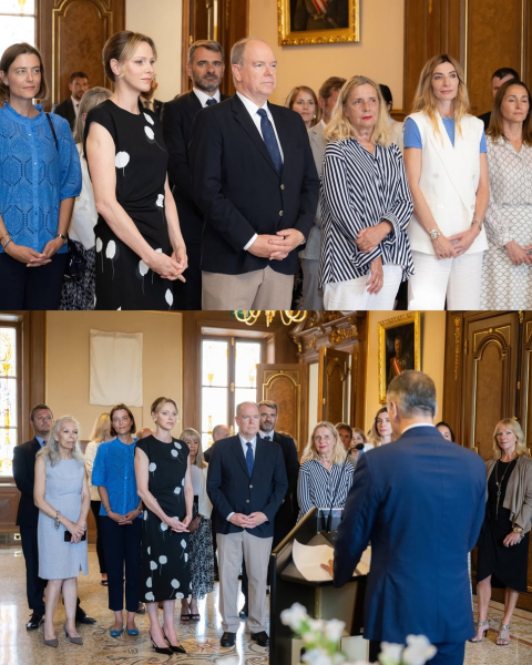 Княгиня Монако в елегантній сукні з квітами попозувала на презентації власного портрета. Фото