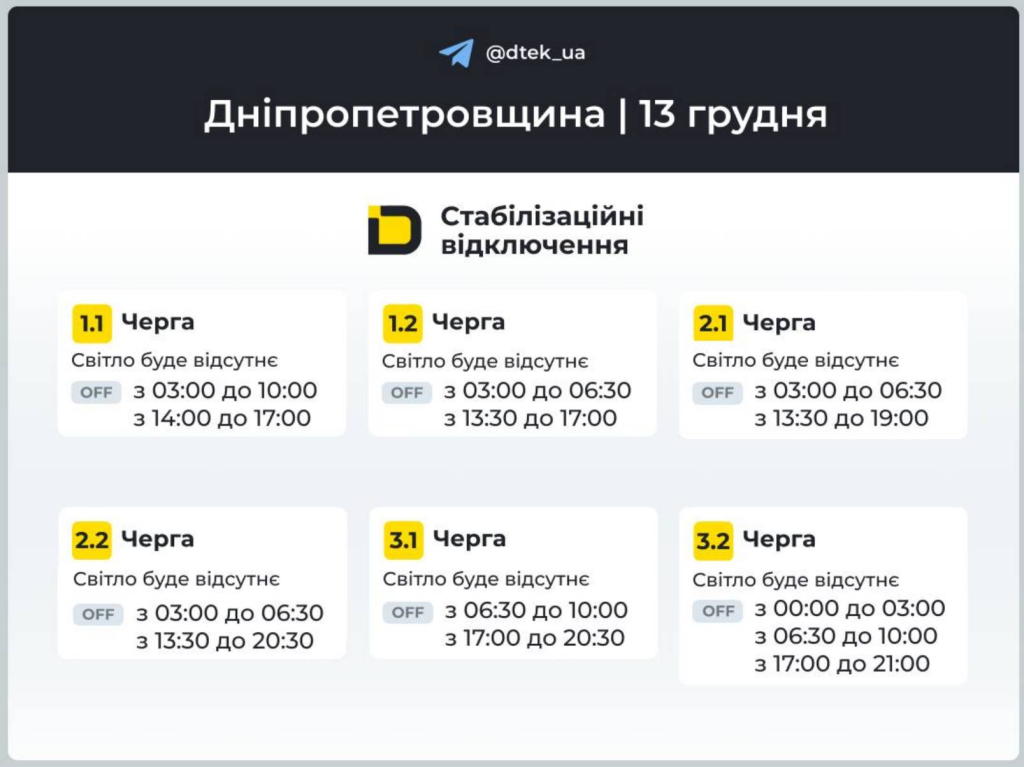График отключений света 13 декабря в Днепре и области: обновленные расписания