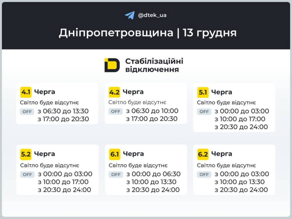 График отключений света 13 декабря в Днепре и области: обновленные расписания