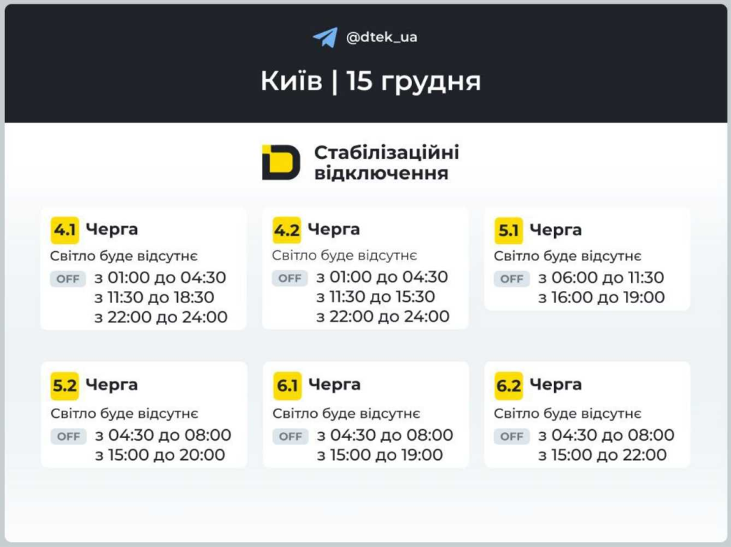 График отключений света в Киеве и области 15 декабря: что известно о плановых обесточиваниях