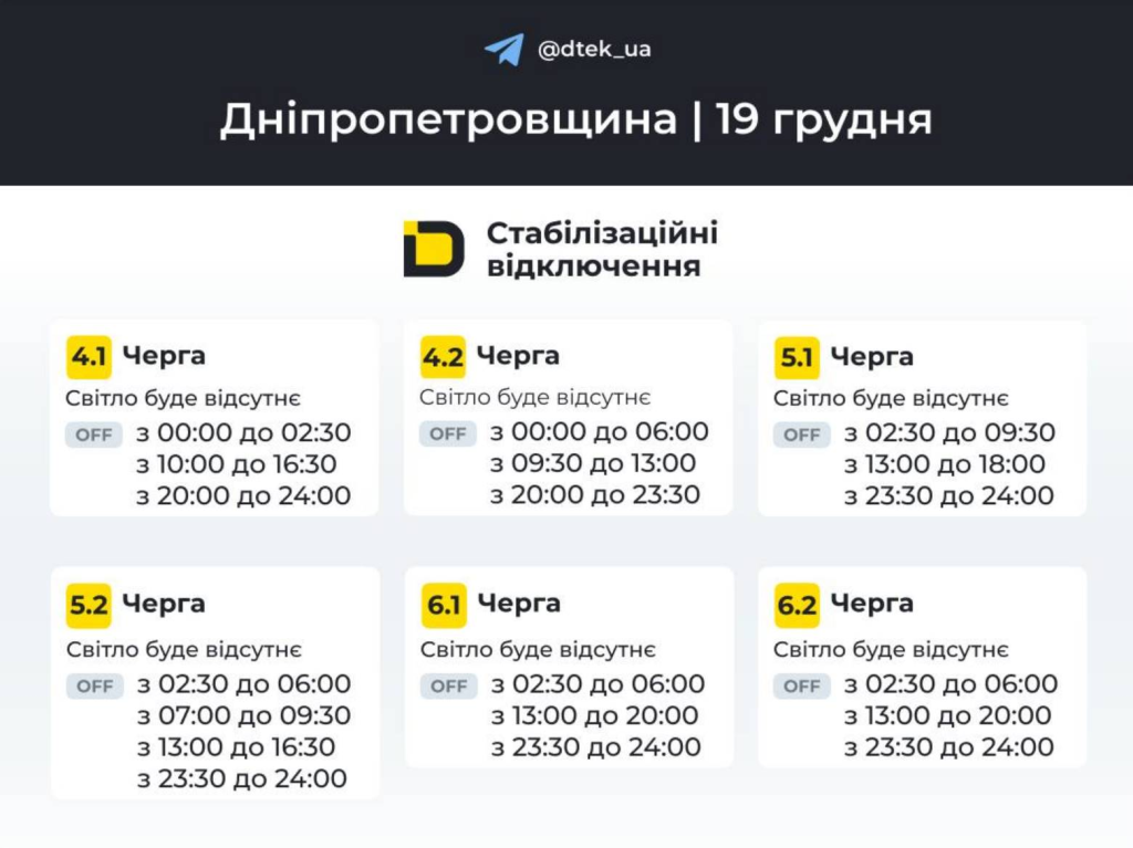 График отключений света в Днепре и области 19 декабря: обновленные данные