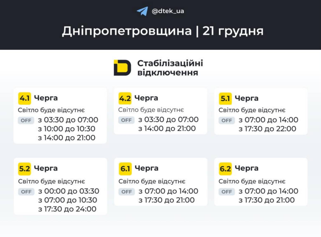 График отключения света в Днепре и области 21 декабря: обновленные графики
