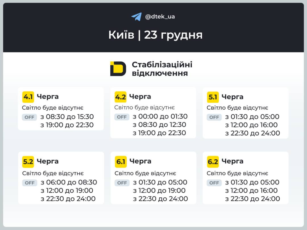 График отключения света на 23 декабря в Киеве и Киевской области: обновленные графики