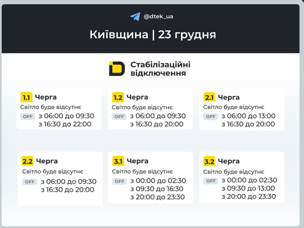 График отключения света на 23 декабря в Киеве и Киевской области: обновленные графики