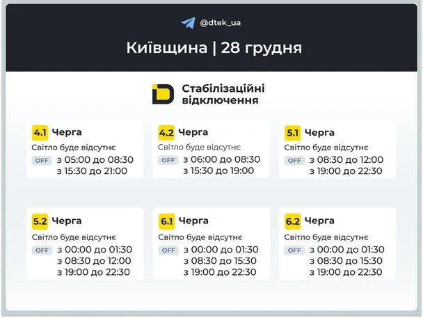 График отключения света на 28 декабря 2025 в Киеве та области: что известно