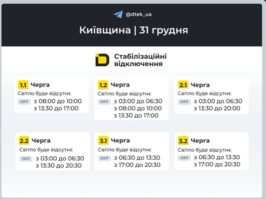 График отключения света на 31 декабря 2025 на Киевщине: почасовые ограничения по очереди