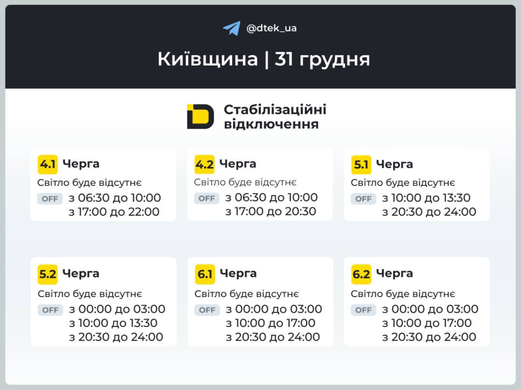 График отключения света на 31 декабря 2025 на Киевщине: почасовые ограничения по очереди