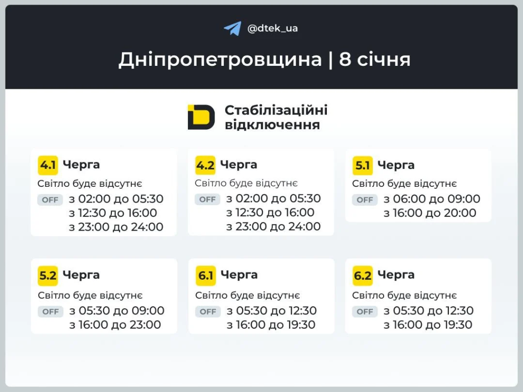 График отключения света на 8 января в Днепре: полный список очередей