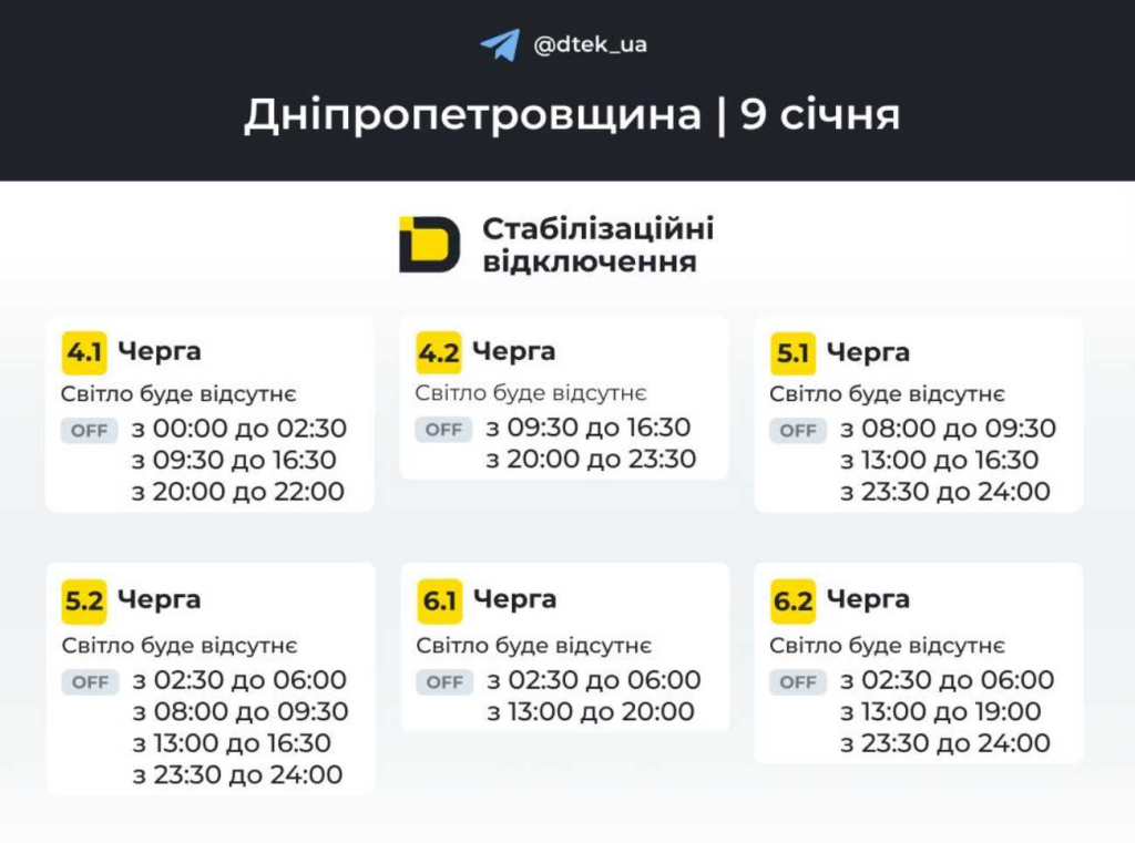 График отключения света на 9 января в Днепре и области: актуальное расписание