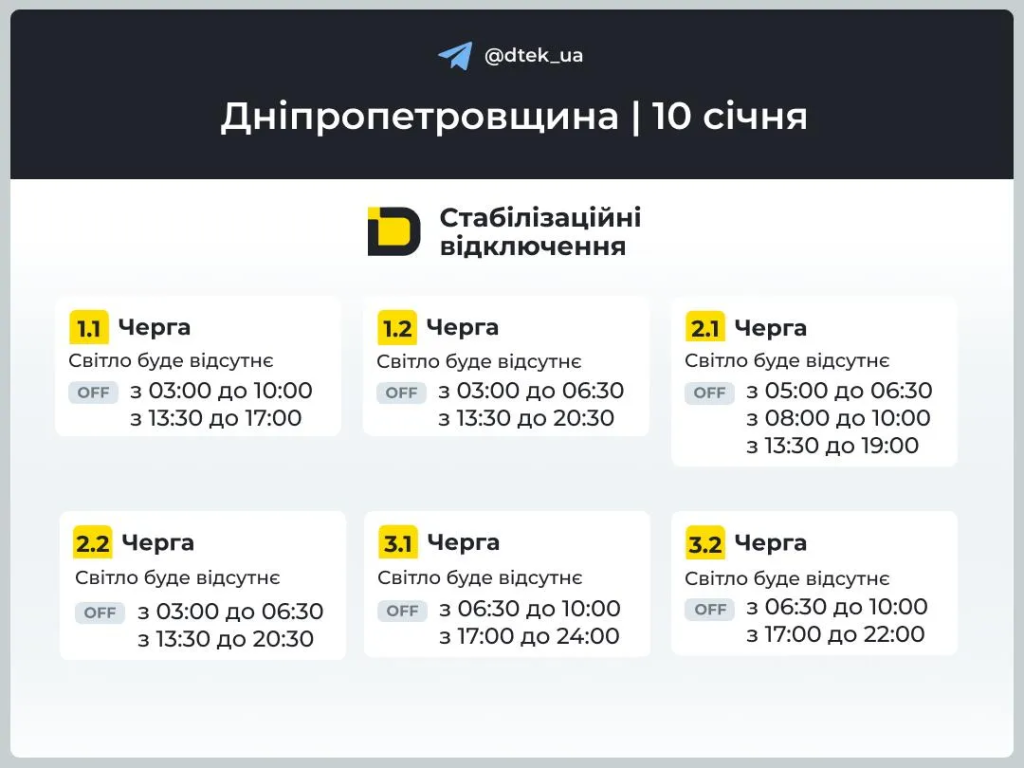 График отключения света на 10 января в Днепре: актуальное расписание