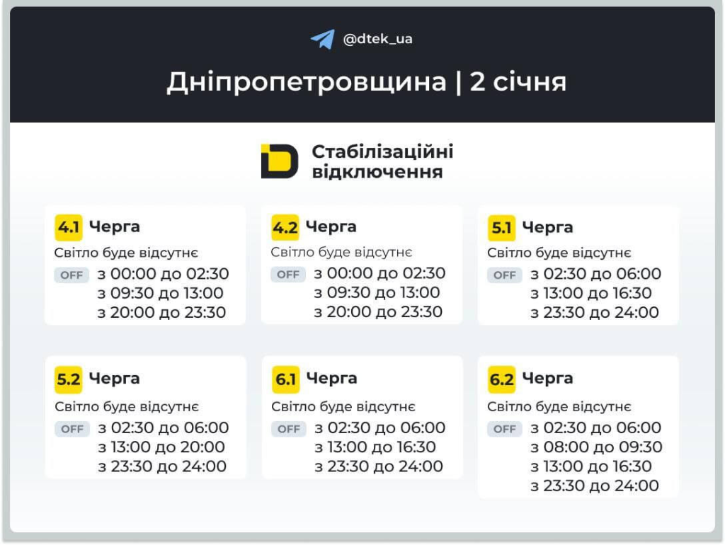 График отключения света на 2 января 2026 в Днепре: почасовые ограничения