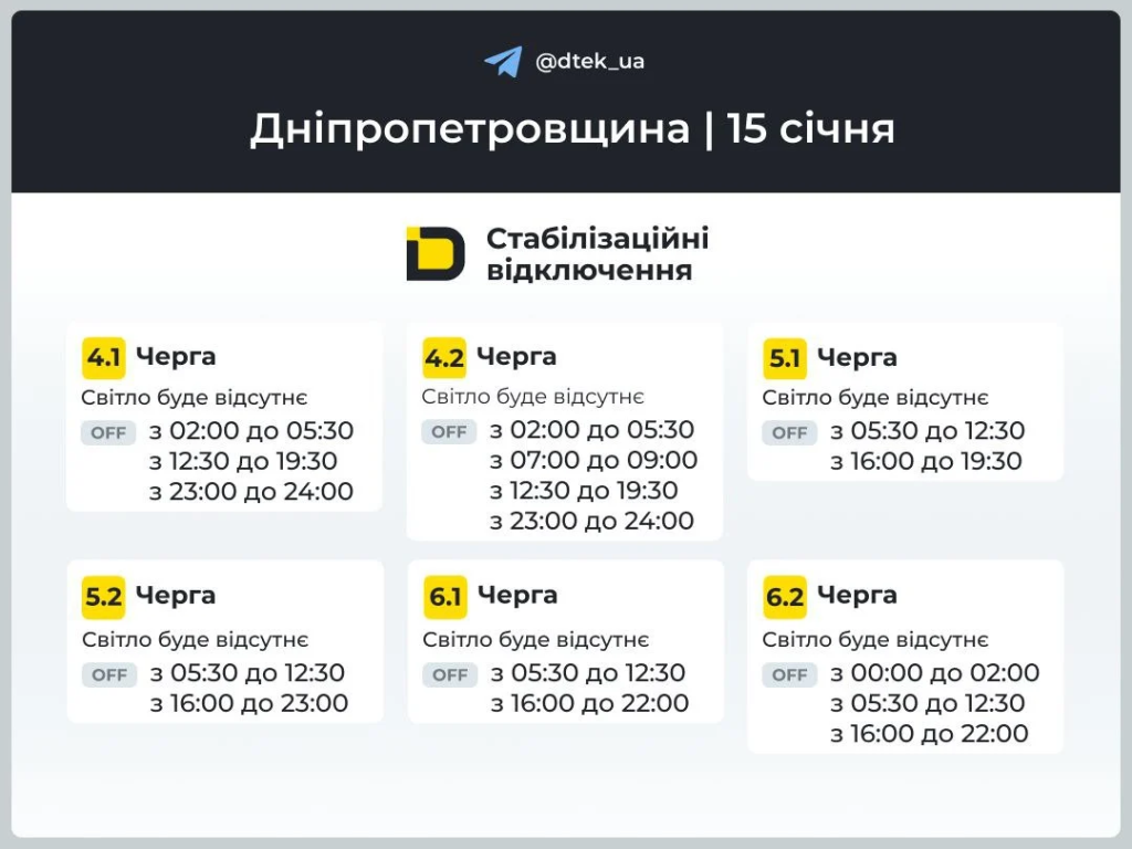 График отключения света в Днепре на 15 января 2026 года: актуальное расписание по очередям ДТЭК