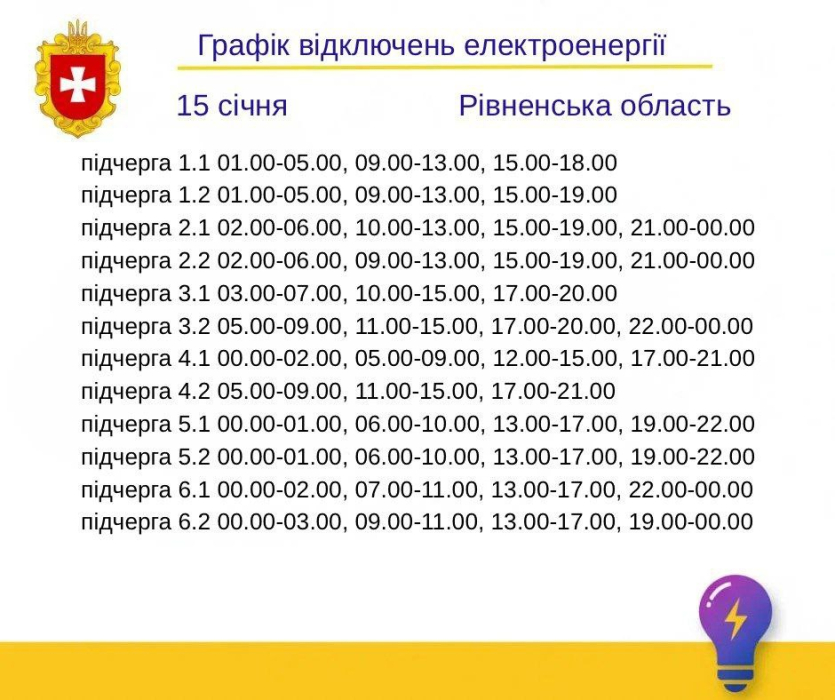 График отключения света на 16 января в Ровенской области: опубликовано расписание подочередей