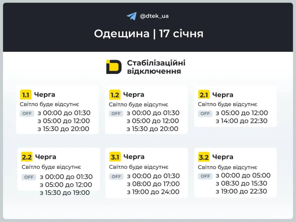 График отключений света на 17 января в Одессе и области обновлённые данные