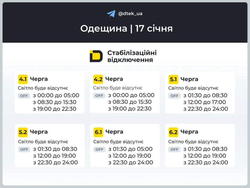 График отключений света на 17 января в Одессе и области обновлённые данные