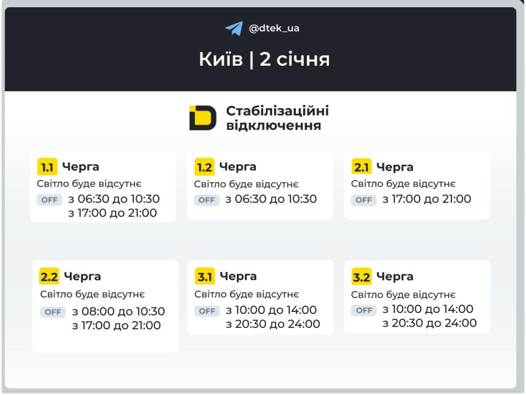 График отключения света на 2 января 2026 в Киеве: очереди и время