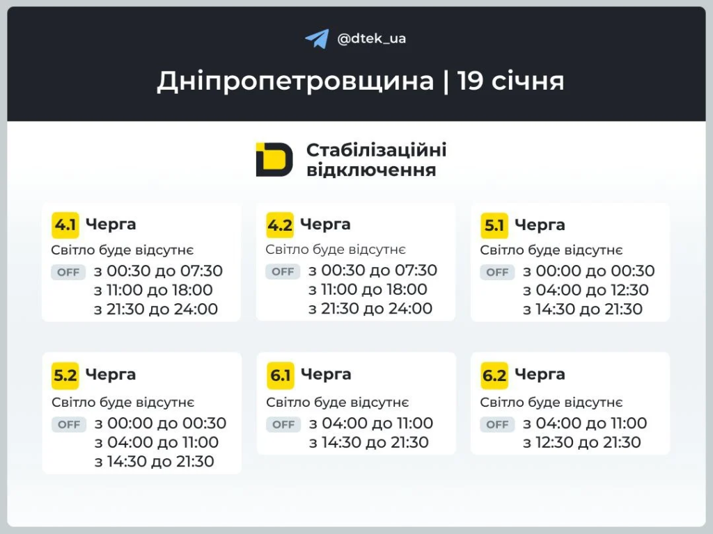 График отключения света Днепр и область на 19 января: обновлённые очереди