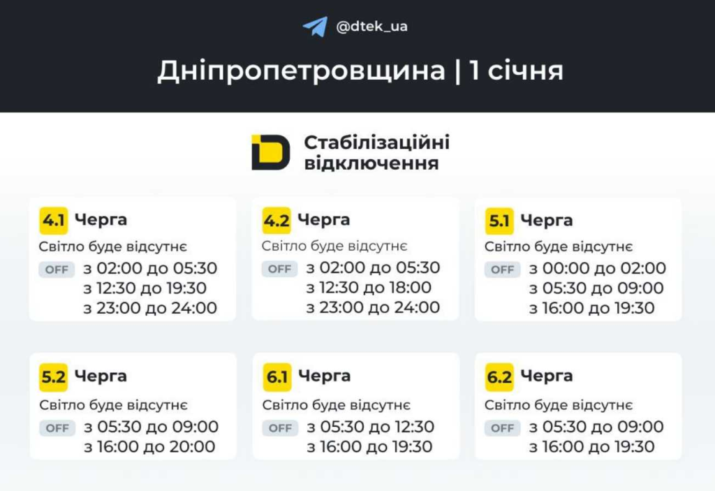 График отключения света на 1 января 2026 в Днепре: время по очередям
