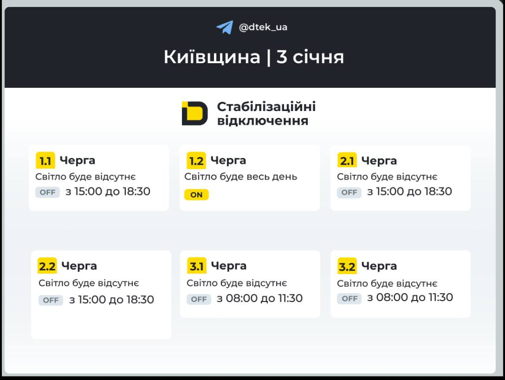 Отключение света 3 января 2026 года в Киевской области: почасовые очереди