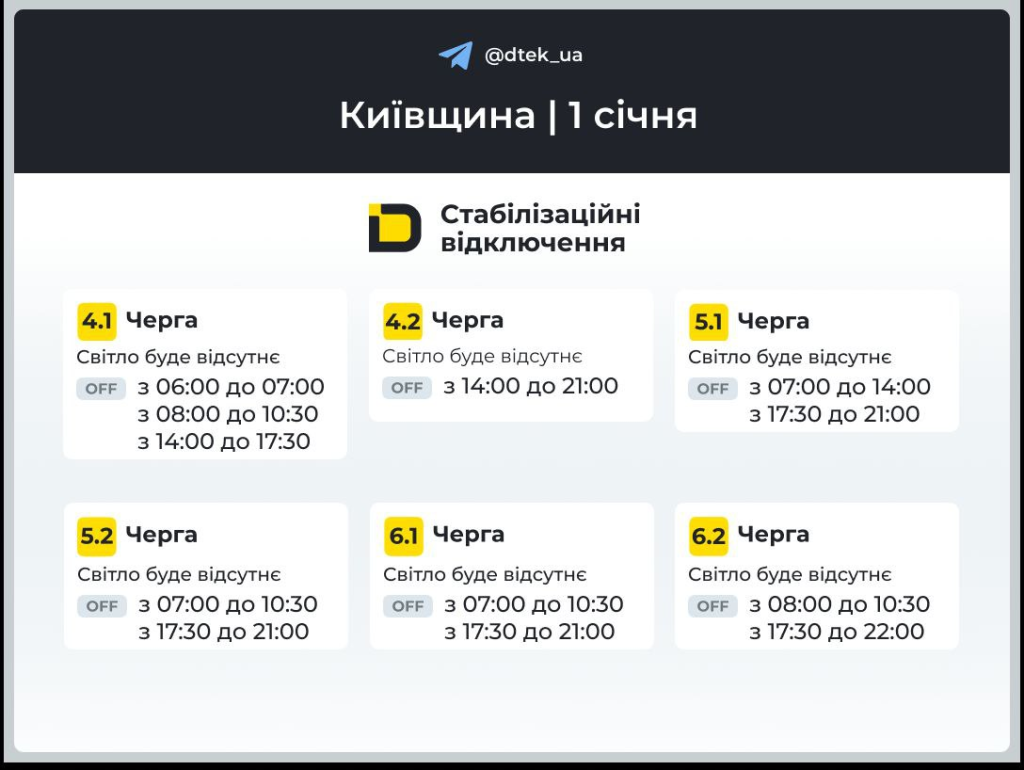 График отключения света на 1 января 2026 в Киевской области: расписание на день