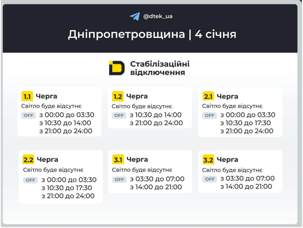 График отключения света 4 января 2026 года в Днепре и области: расписание