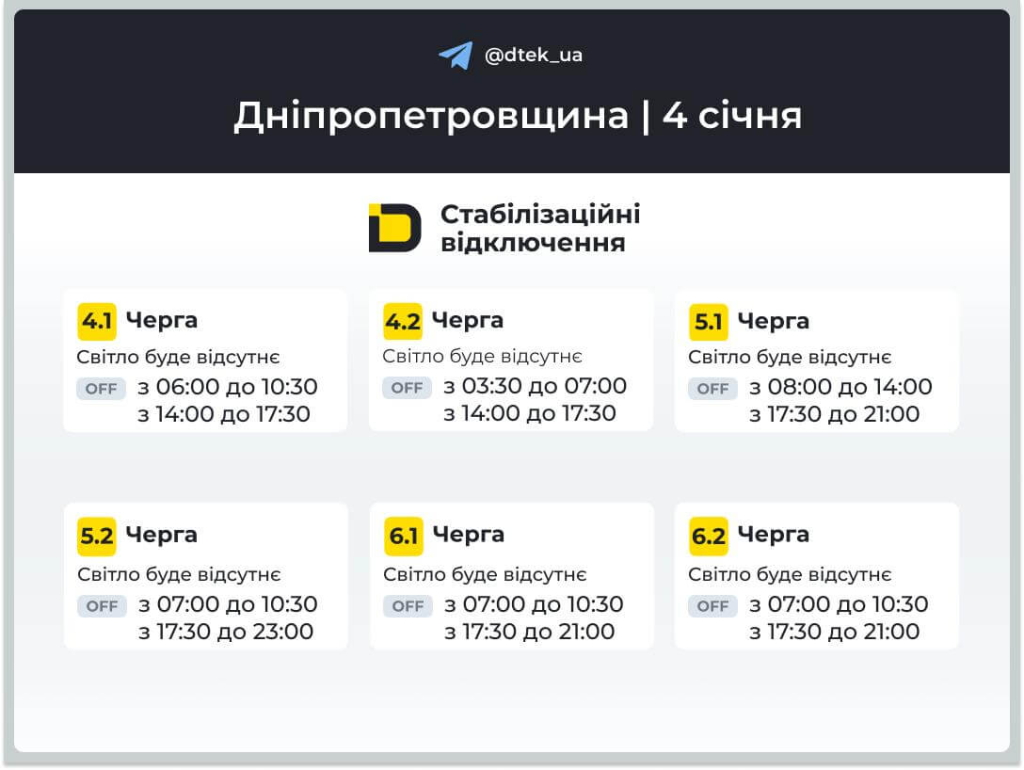 График отключения света 4 января 2026 года в Днепре и области: расписание