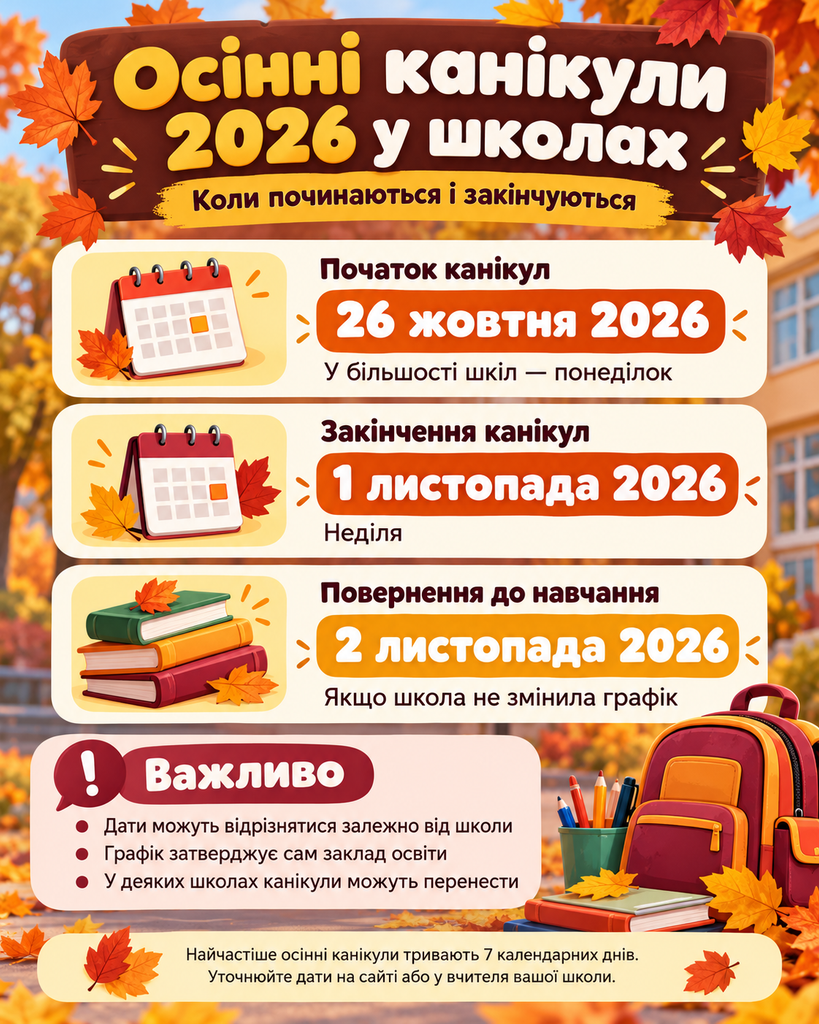Осінні канікули 2026: коли починаються у школах України та чому дати відрізняються
