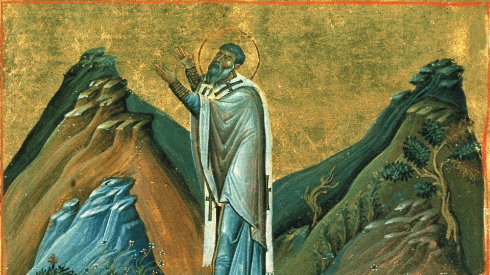 Святитель Аверкій Ієрапольський молиться серед гір, мініатюра з Мінологія Василія II